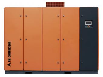 HUADA LGGPM-200 160 kW air-cooled two-stage PM VSD screw compressor with orange enclosure and dark panels